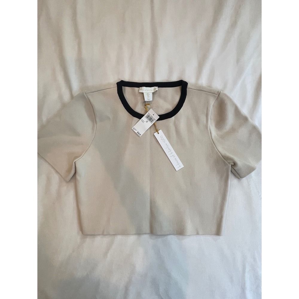 House of Harlow 1960 Neutral Combo Knit Crop Top Black Trim Women's Large